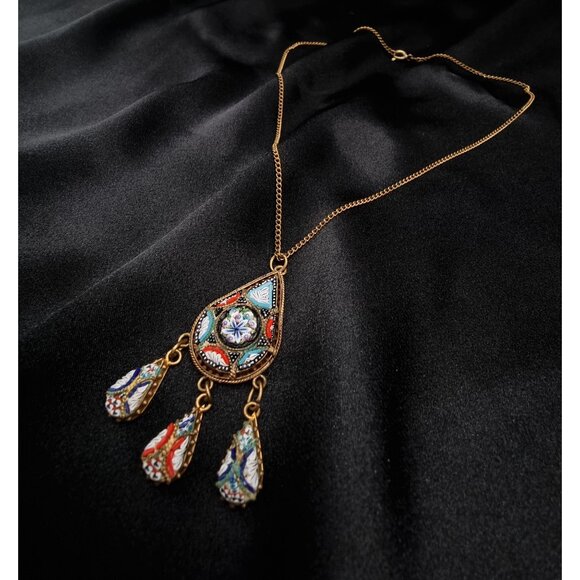Vintage Italian Gold-Tone Mosaic Pendant Necklace With Dangle Charms & Chain - Picture 5 of 7